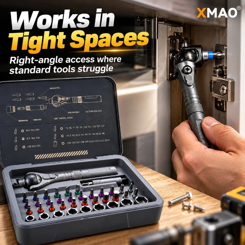 XMAO 40PCS Magnetic Ratchet Screwdriver Set 180° Swivel Head S2 Bits and Sockets Portable Hand Tool Kit for Home DIY Repair