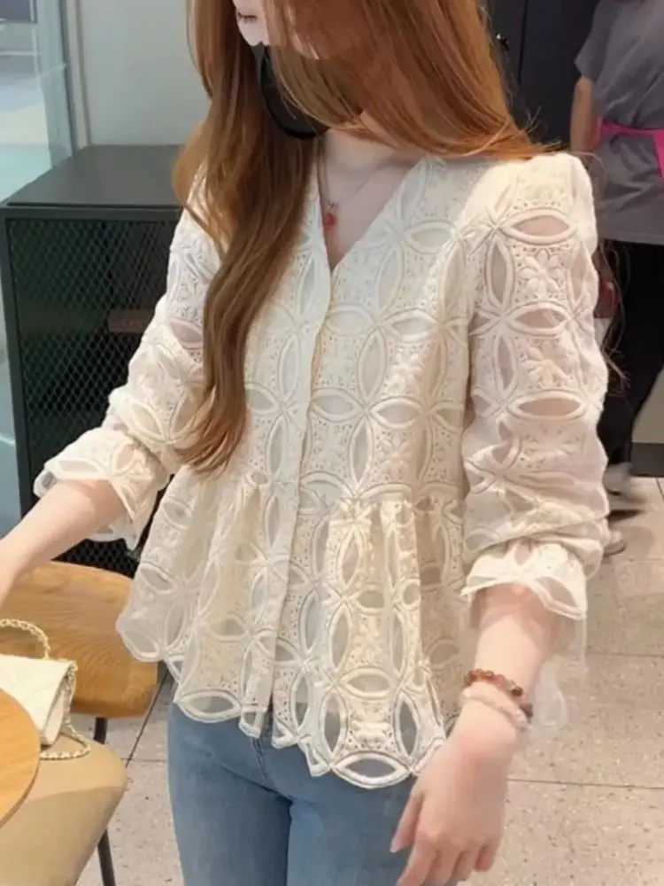 Camicia a maniche lunghe con scollo a v stampata da donna, stile coreano, Top con chiusura in vita, primavera e autunno, nuovo, 2023