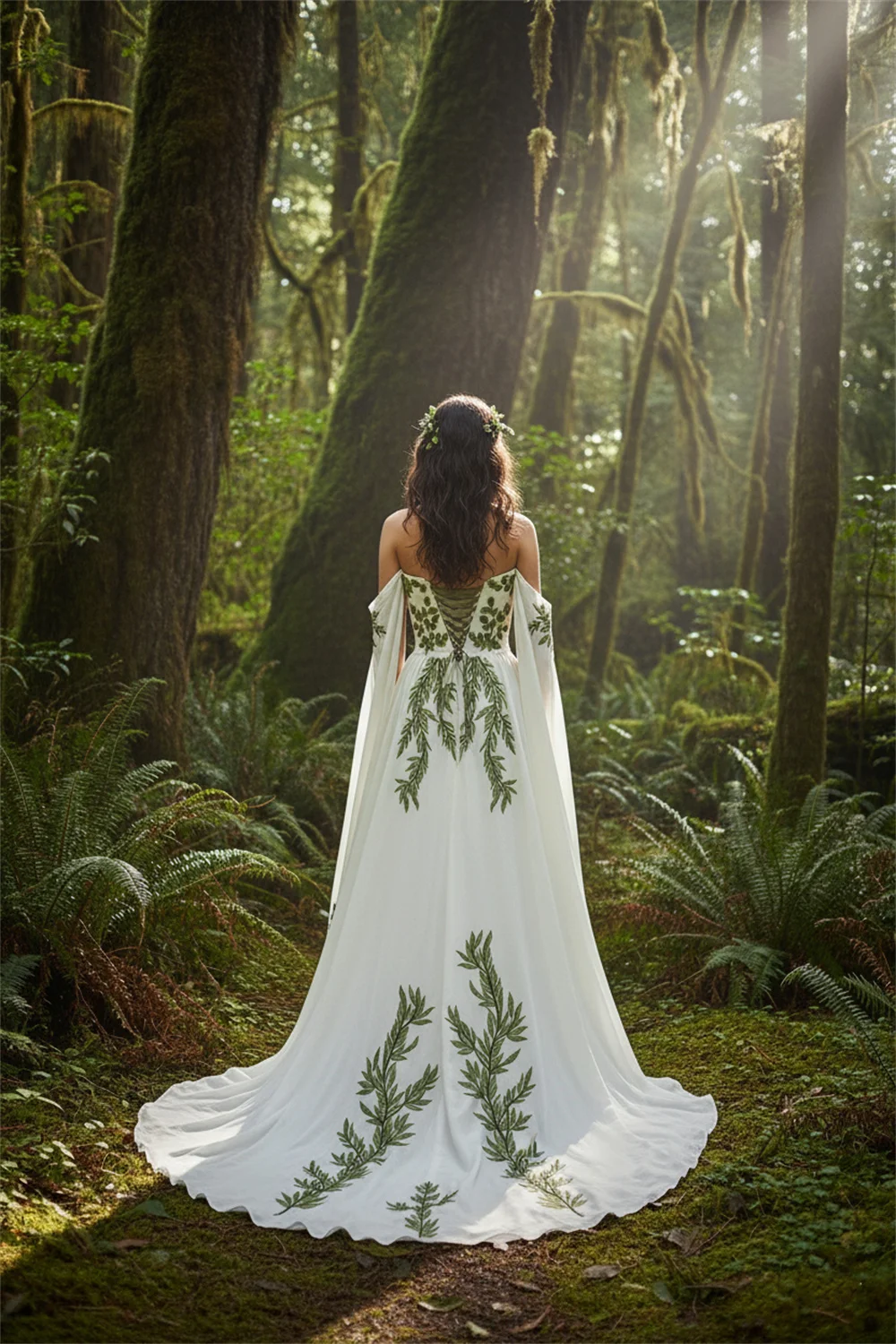 Customized Green Leaf Embroidery with Cape Wedding Dress Off Shoulder A-line Vestidos De Noche Lace-up Sweep Train Formal