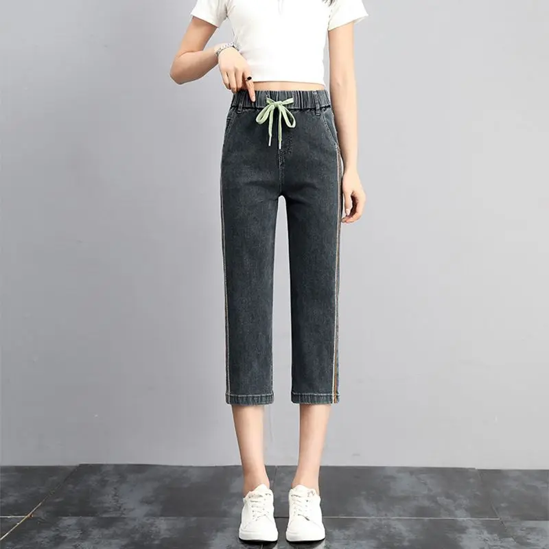 Streetwear Capris Jeans Women's 2024 Summer Thin Elastic High Waist Loose Straight Leg Pants Casual Denim Pants