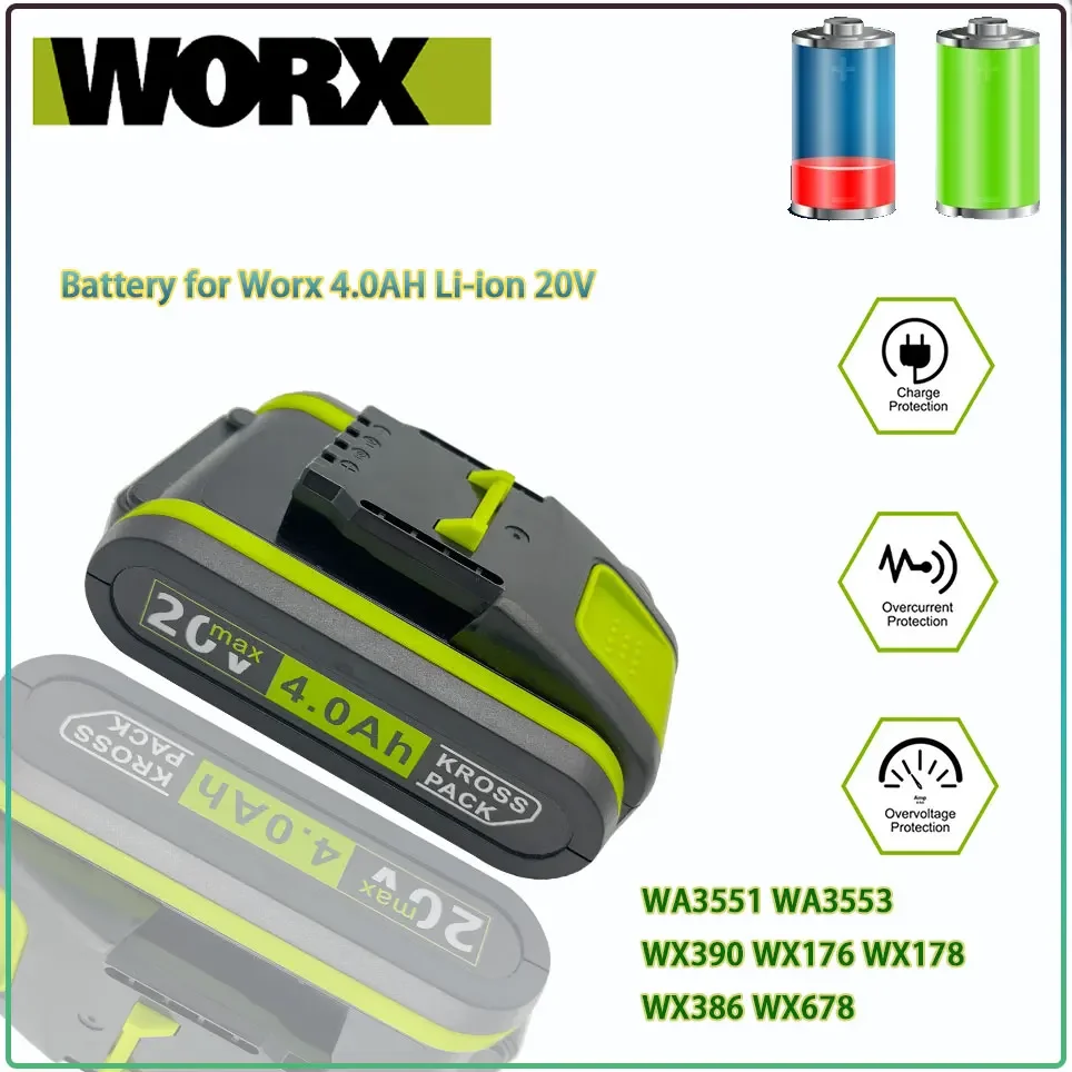 

Worx New Power Tools Rechargeable Replacement Lithium Battery 20V 4000mAh for Worx WA3551 WA3553 WX390 WX176 WX178 WX386 WX678