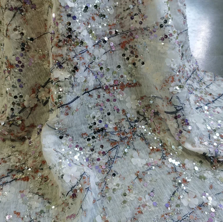 New laser 3D sequin tube petal embroidered floral mesh lace fabric, used for clothing and handicraft sewing fabric