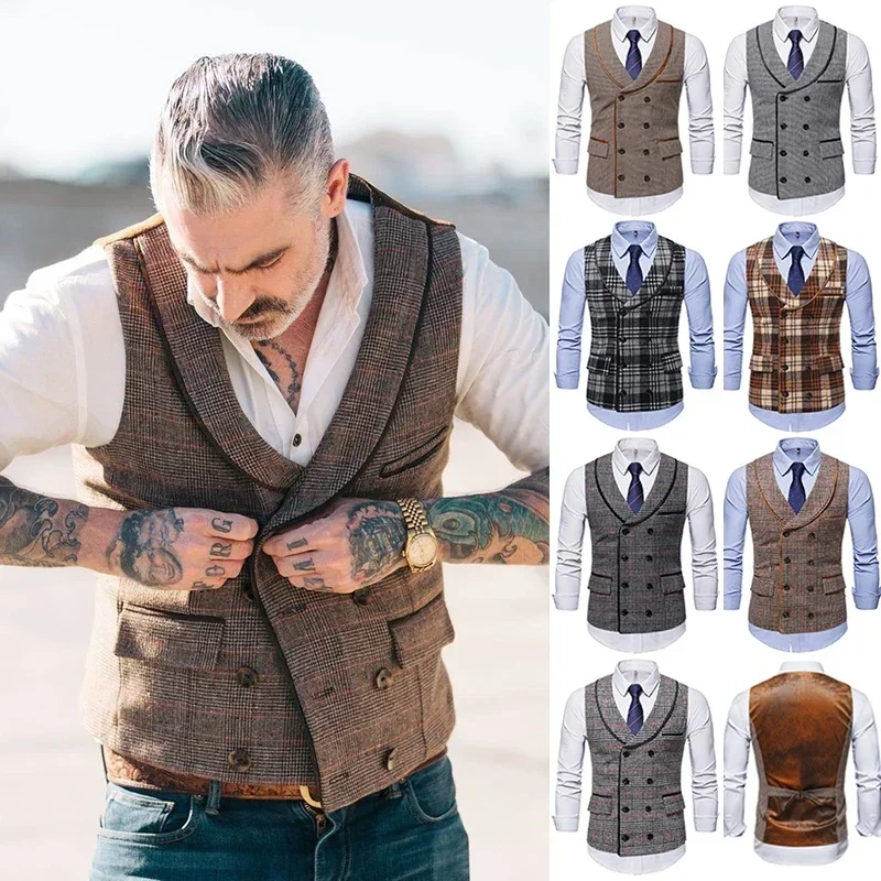 Men's Fashion Double Breasted Vest V-neck Casual Gentleman Waistcoat Wedding Business Suit Vest