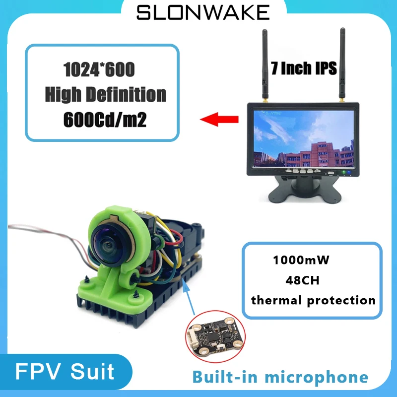 

SLONWAKE fpv UAV image transmission module 1000mW Starlight microphone Camera and 7 inch IPS high definition monitor for RC