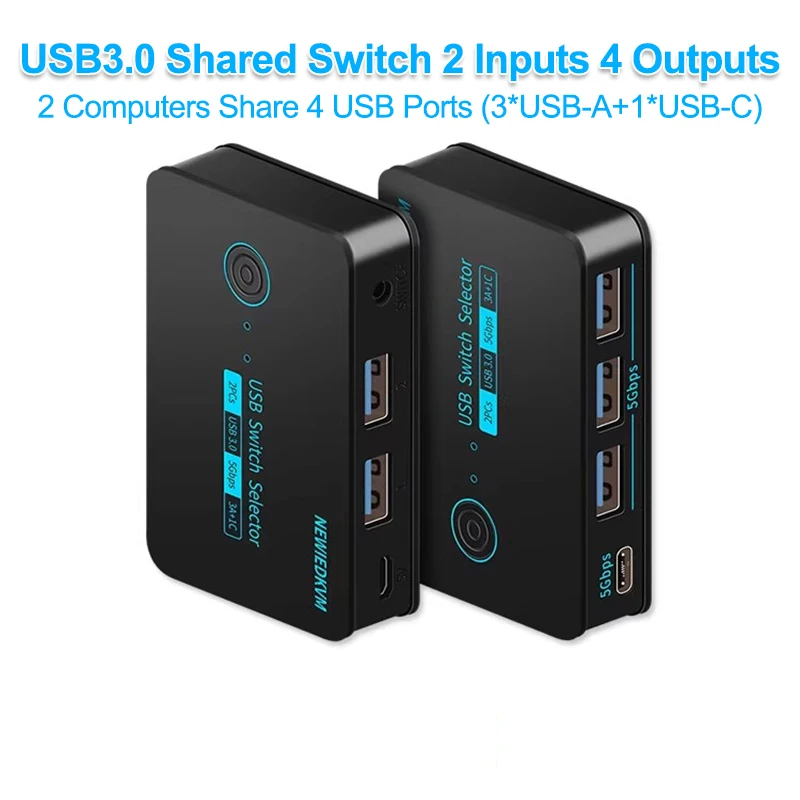 USB3.0 Switch KVM Hotkey Switcher 2 PCs Sharing 4 Devices USB Switch Shared Controller Adapter Hub for PC Keyboard Mouse Printer