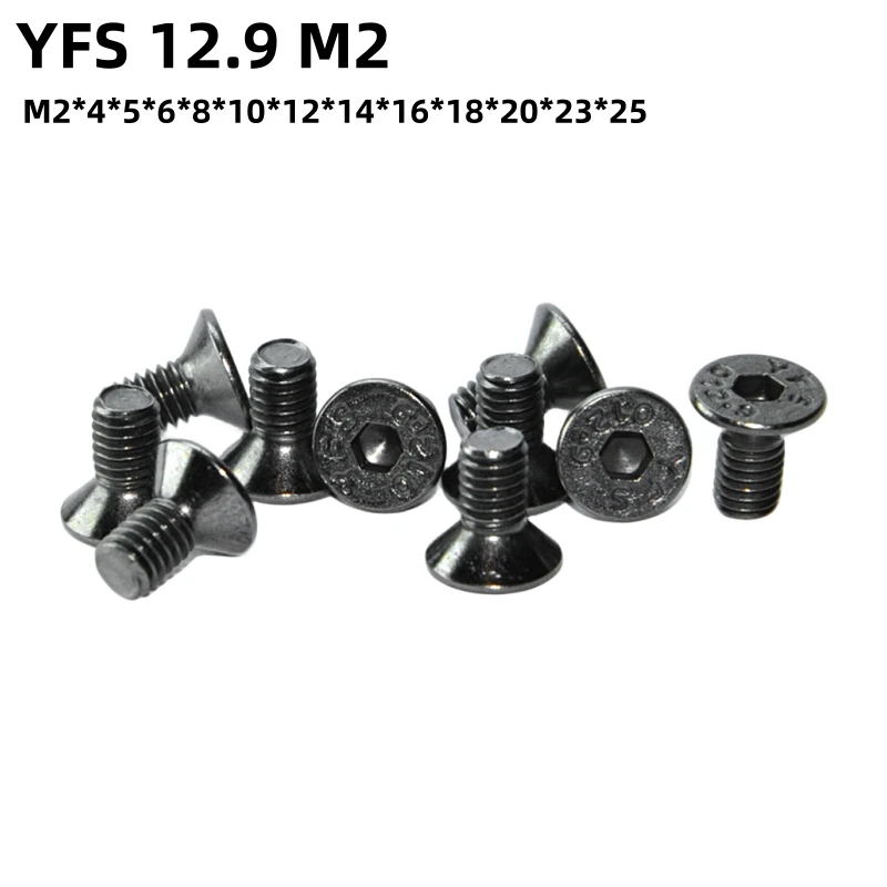 100PCS YFS M2 Countersunk Head Socket Head Screw M2*4*5*6*8~25mm Grade12.9 Black Nickel Plating Anti-Rust Screws