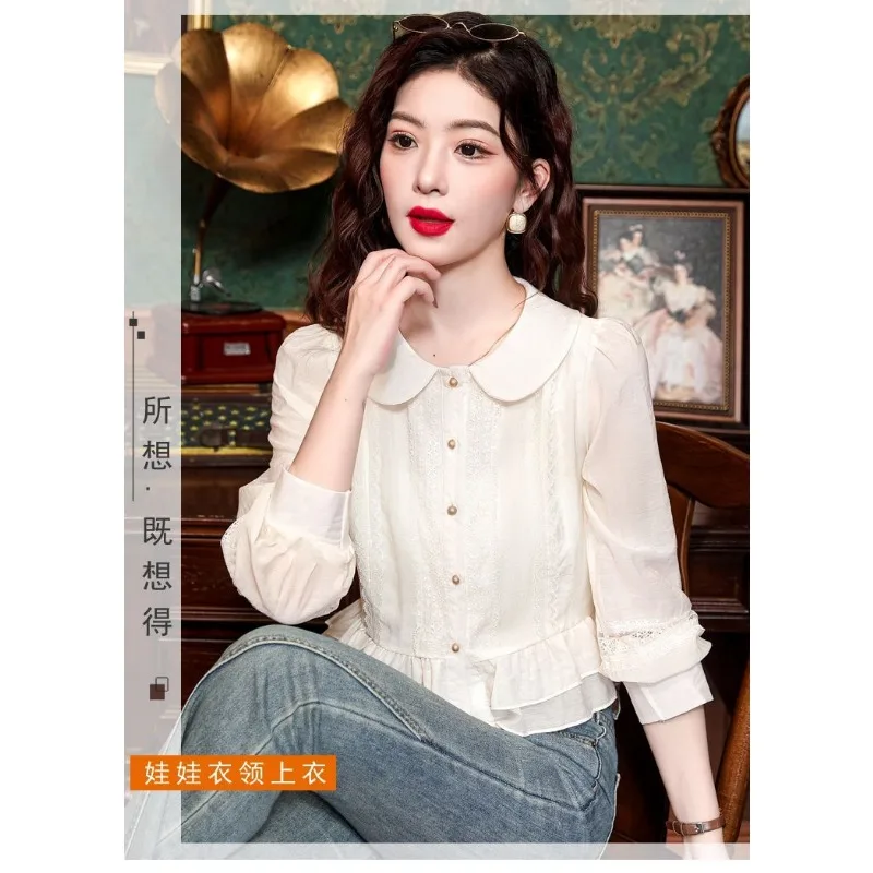 Cardigan Patchwork à manches longues et col de poupée pour femmes, chemise haute, couleur unie, ajouré, mode, haut élégant