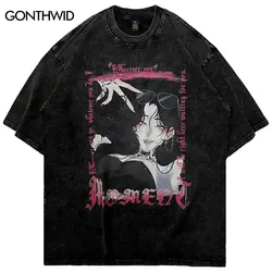 Hip Hop Vintage T Shirt Streetwear Harajuku Japanese Cartoon Anime Girl Print Washed Oversize Tshirt Punk Gothic Graphic Tee Top