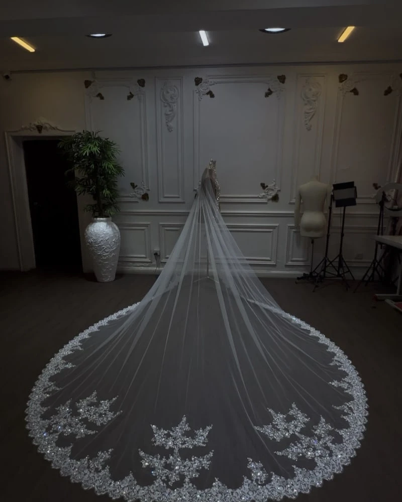 Brilliant Rhinestone Beading Wedding Veil 3Meters Appliques Pearl White Ivory Bridal Veil Customized Bride Headpiece Accessories