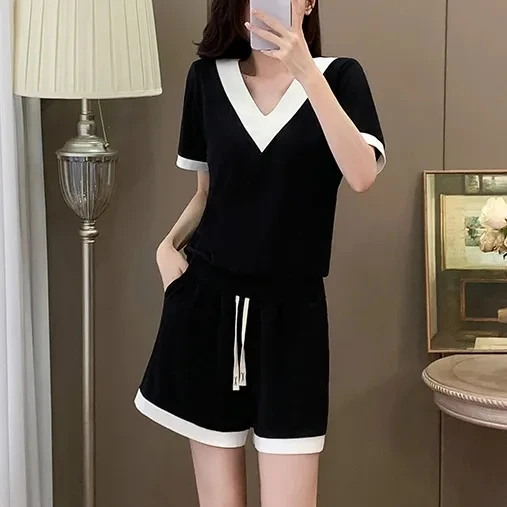 

100% Pure Cotton Casual Sportswear Set for Women Summer Loose plus Size Fashionable Shorts Two-Piece Set V-Neck Short Sleeve