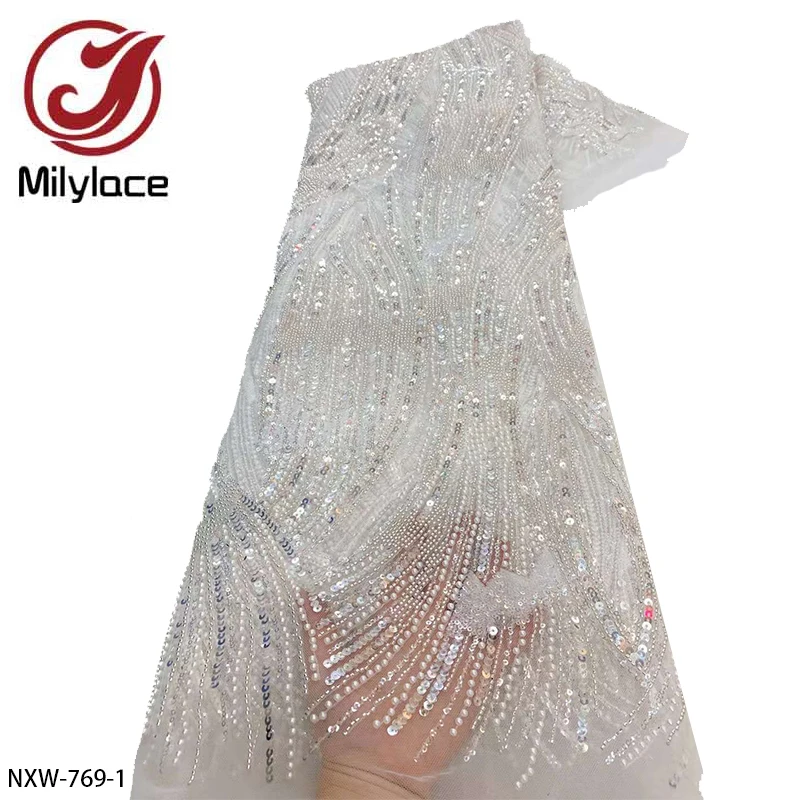 

High-end Heavy Beaded Fabric Sequins Embroidery Fabric French Tulle Mesh Lace Fabric for Evening Dresses NXW-769