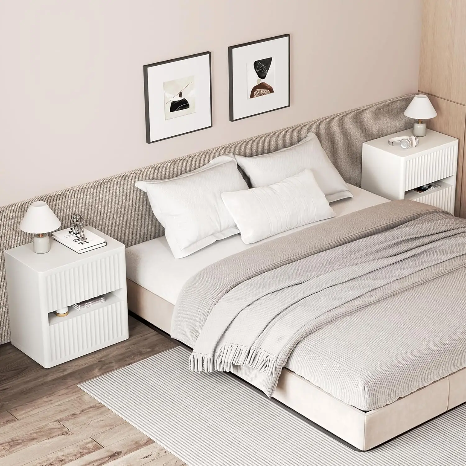 Mesa de noche estriada Dripex con 2 cajones, mesita de noche grande y ancha de madera para dormitorio, moderna de mediados de siglo