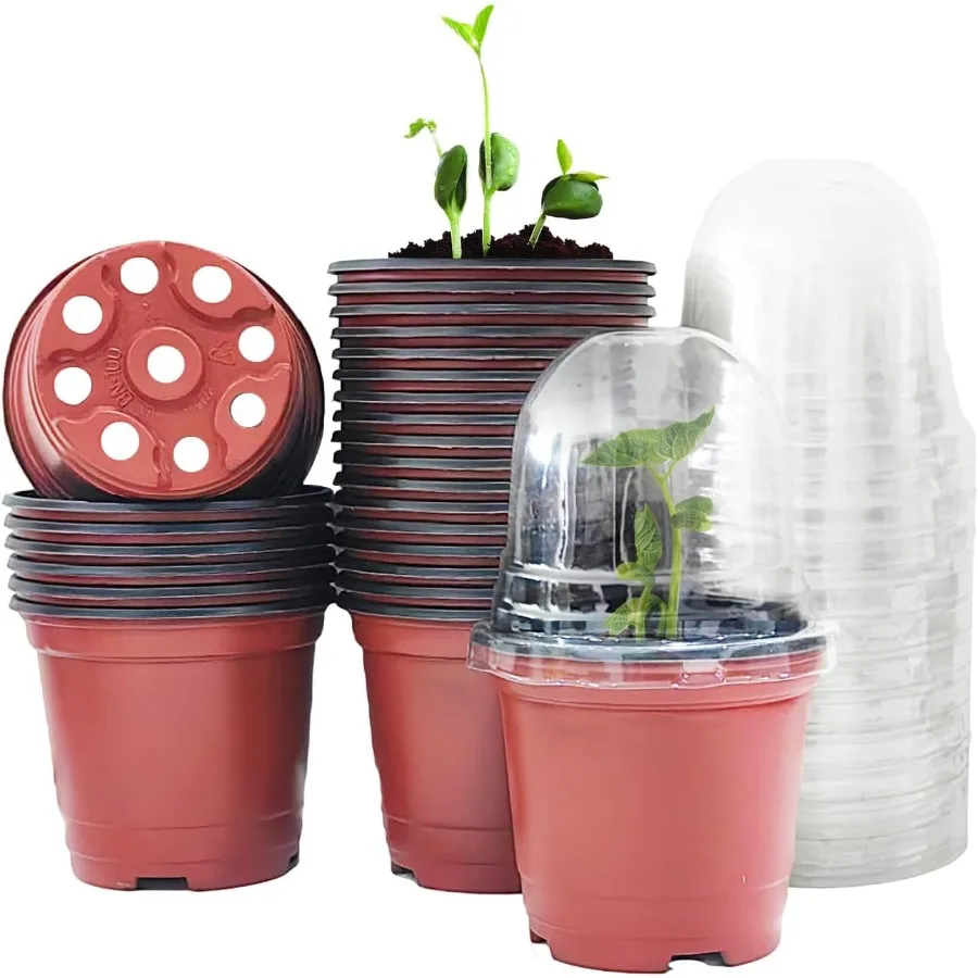 

Plant Nursery Pots with Humidity Domes 25 Sets 4 Inch Soft Nursery Pots Quality Ones 25 Red Pots + 25 Clear Lids Seeds Starter