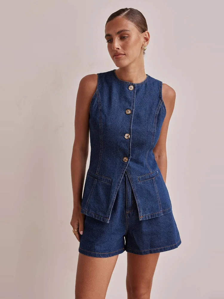 Spring Summer 2025 High Waist Denim Shorts Set without Sleeves Small round Collar 3D Tailoring Shoulder Line Outfit Cotton