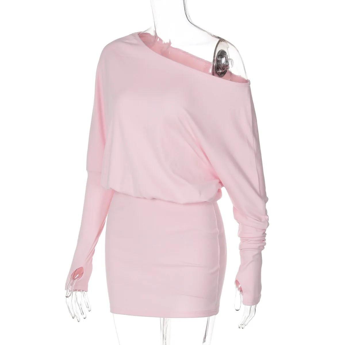 Woman Clothes Diagonal Collar Long Sleeve Package Hip Short Dress Streetwear Black Pink High Waist Tunics Slim Party Dresses