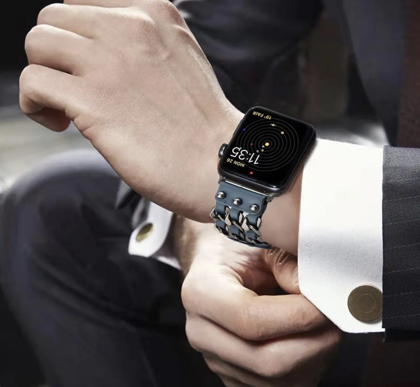 Leather Strap For Apple watch band 46mm 45mm 41mm 44mm 42mm 40mm Stainless Steel Denim Chain Belt iWatch Ultra 10 9 8 7 6 5 4 SE