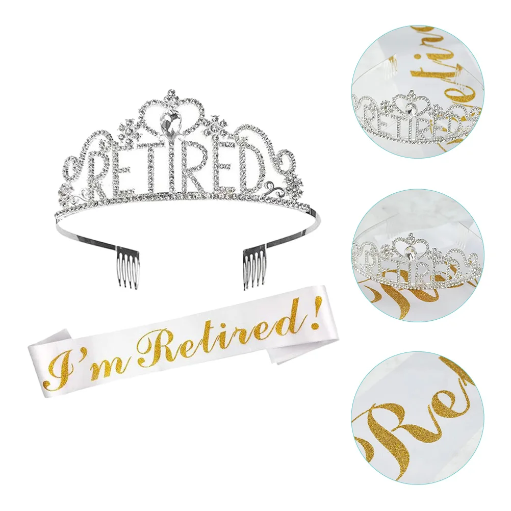 

Retirement Party Sash Tiara Headband Crown Retired Stain Custom Glittery Decorationsrhinestone Novelty Satin Decor Set