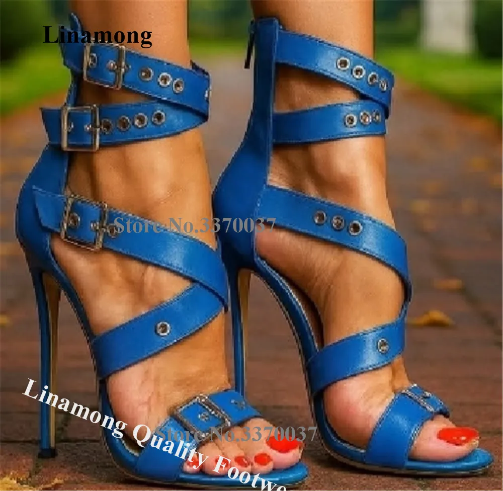 

Linamong Blue Matte Leather Metal Buckles Stiletto Heel Gladiator Sandals Open Toe Strappy Cross Thin Heel Party Pumps