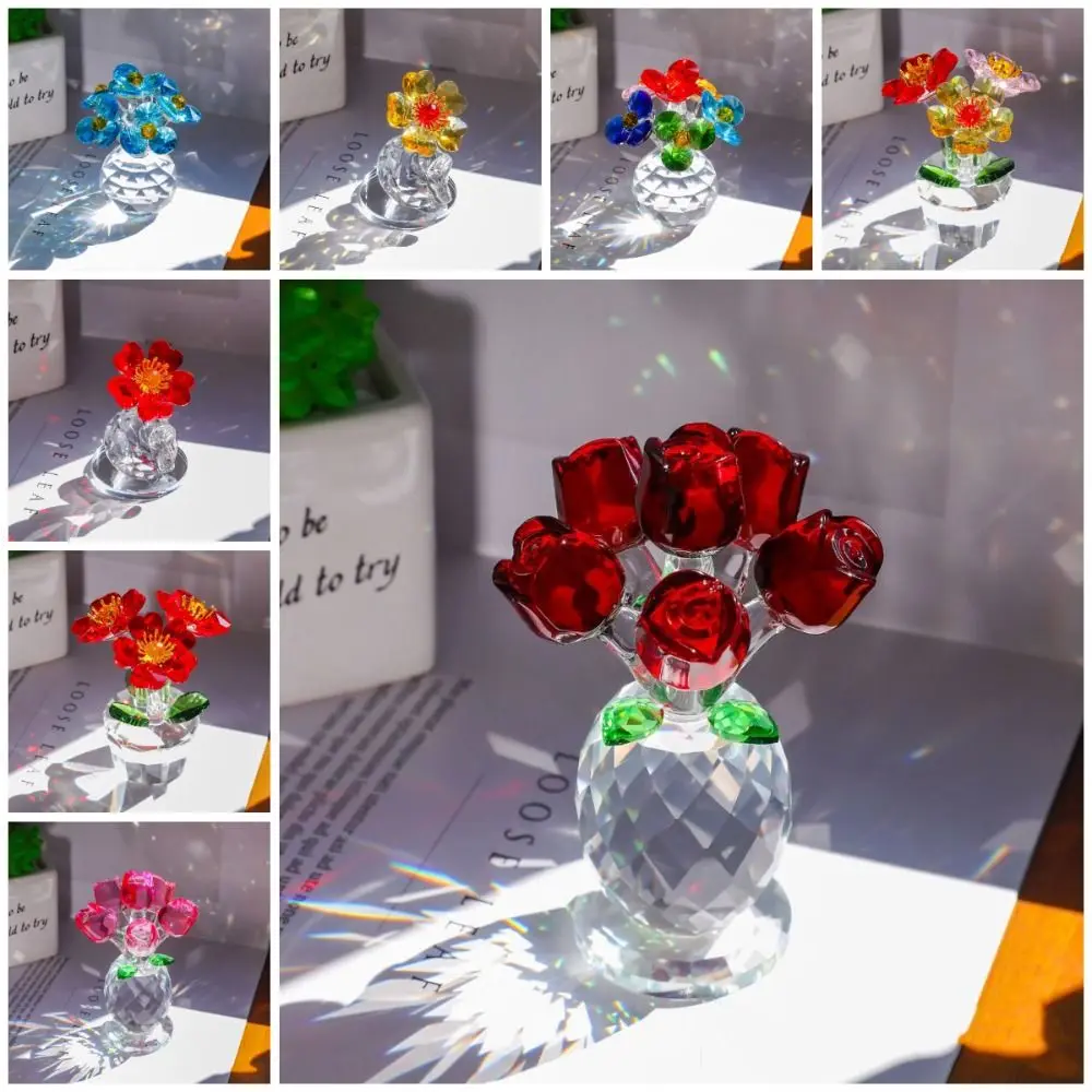 Handcraft Crystal Flower Statue Ornament Rose Tulip Artificial Flower Figurine Reflect Shiny Mini Glass Flower Sculpture