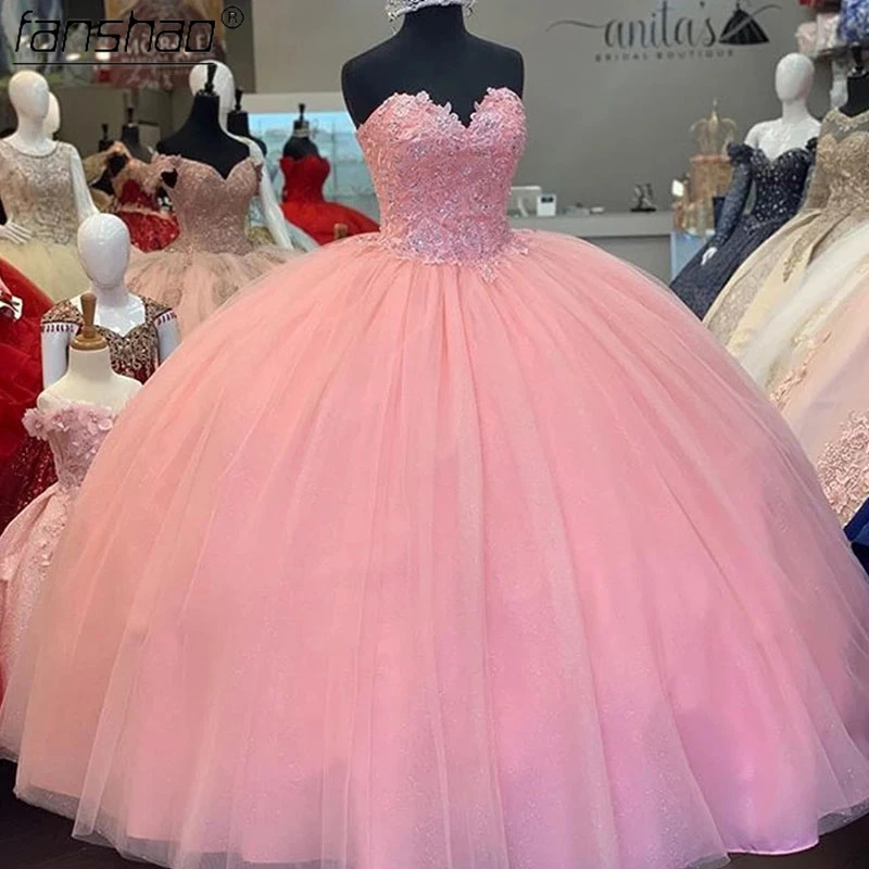 Vestido de quinceañera rosa brillante, tul, Perla sin tirantes, calcomanía con cordones, 15 niñas, vestido Formal con pompones, bola, exquisito