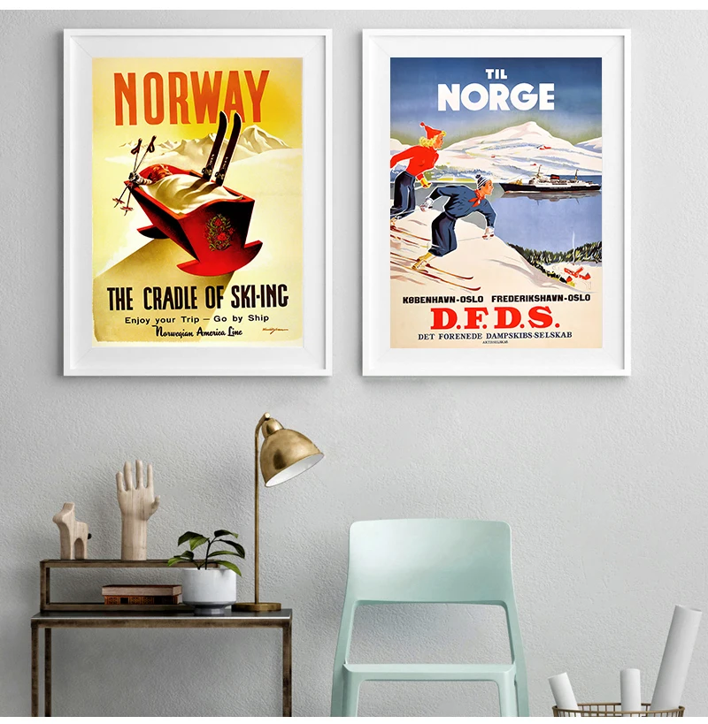 Ski in Norway Norge Fjords Map Vintage Retro Travel Classic Canvas Paintings Kraft Posters Wall Stickers Home Decor Family Gift
