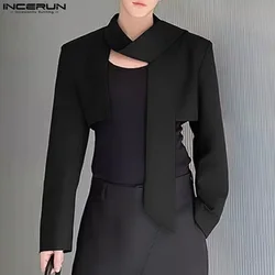 INCERUN Tops 2024 kore tarzı erkek şerit kırpılmış tasarım takım elbise mont rahat Streetwear katı tüm maç uzun kollu Blazer S-5XL