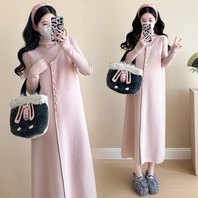 Maternity Fashion Clothes Set Autumn Winter Knitted Sweater + Sundress Suit Turtleneck Top Elegant Long Dress for Pregnant Woman