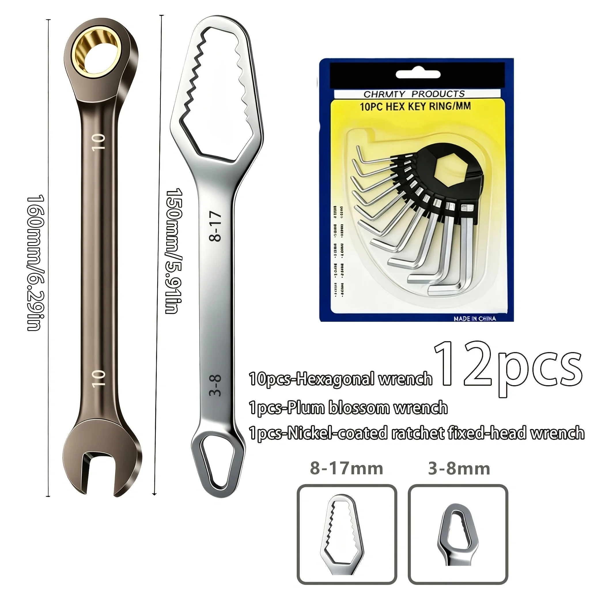 12pcs Wrench Set, 10mm 72-Tooth Reversible Ratchet Wrench with 180° Flex Head, Ring Spanner & 10 Hex Keys, Cr-V Steel