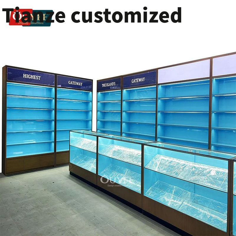 

Customized-Shop Design Wooden Display Showcase Dispensary Glass Shelf Showcase Glass Smoke Shop Display