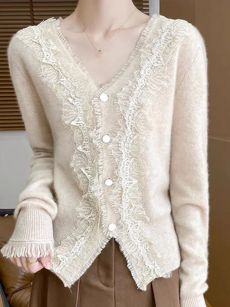 V-Ne Lace Splicing Design Maglione lavorato a maglia Lungo Sve Cardigan di lana Autunno Capispalla versatile Faion Sle da donna