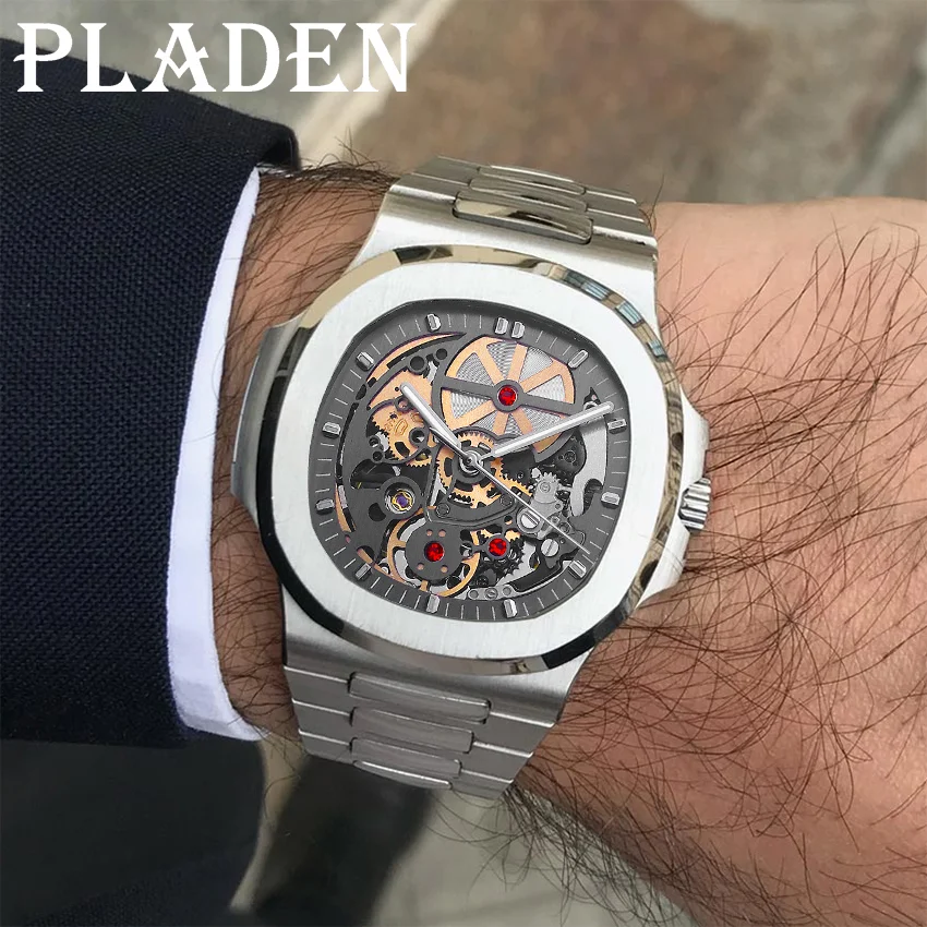 Hot Fashion Watch For Mens Brand PLADEN Luxury Stianless Steel Skeleton Watches AAA Automatic Mechanical Wristwatch Male Reloj