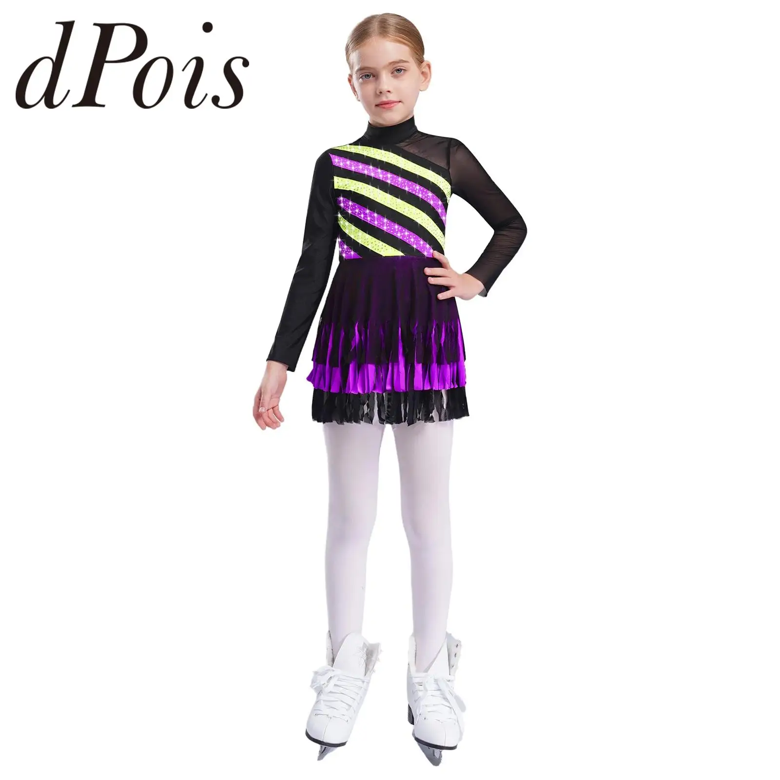 

Kids Skating Costume Glittery Ballet Dance Leotard Dress Dancewear Rhythmic Gymnastics School Girls Roller Figure Skating Dress