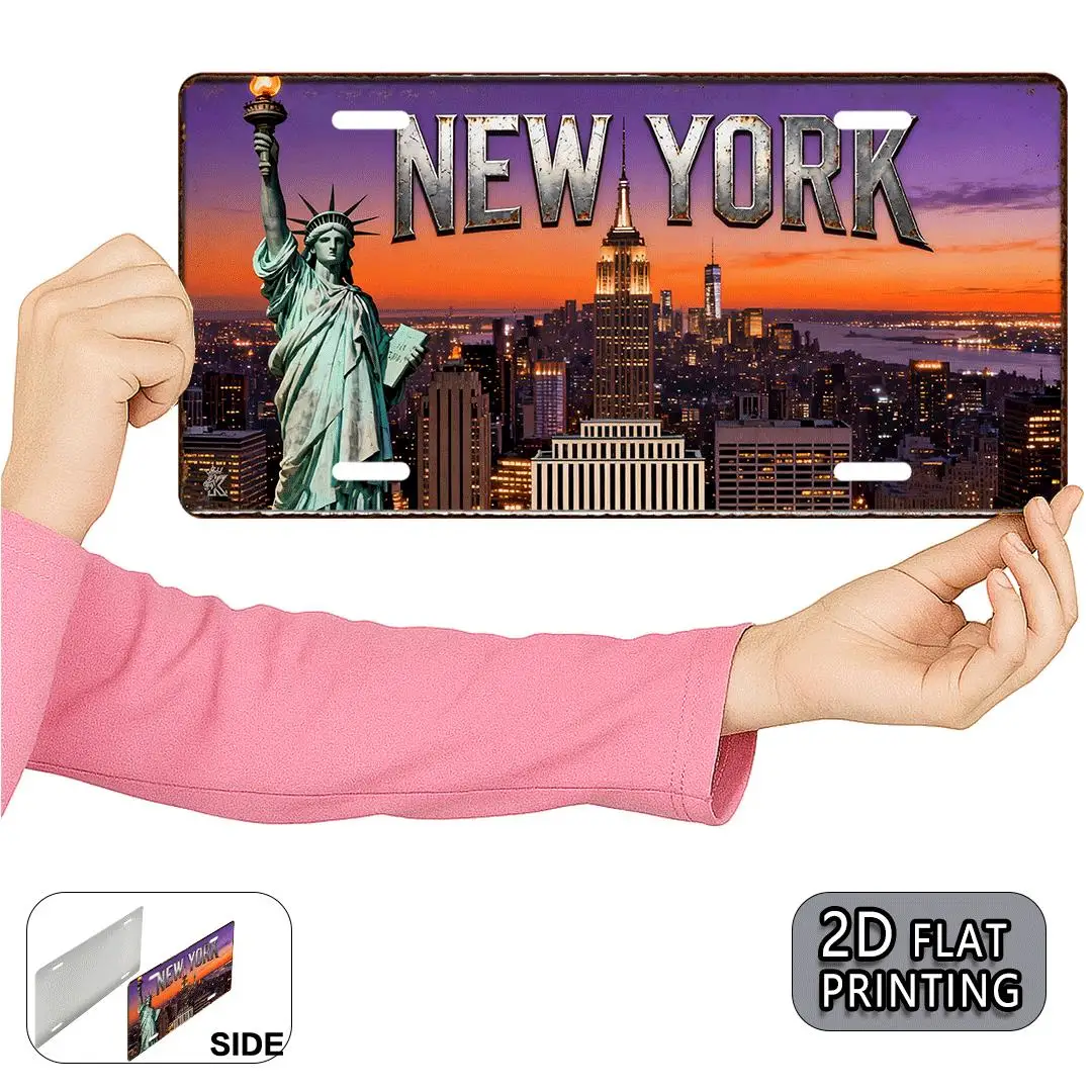 2D Flat Design for License Plates,Single Piece, Vintage Metal Aluminum License Plate Decoration from New York 30x15cm