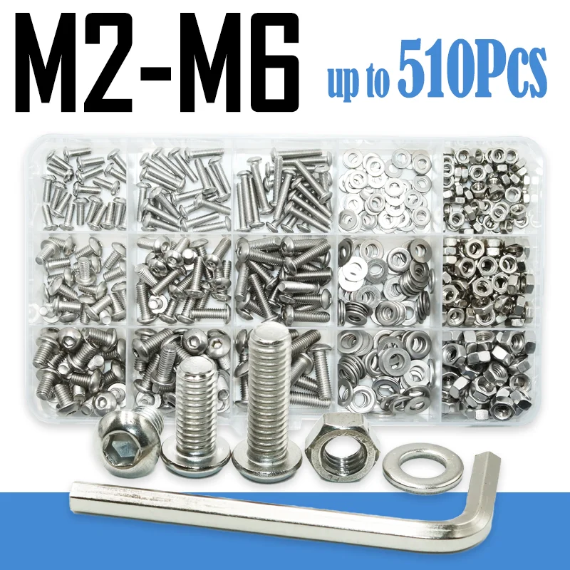 

304 Stainless Steel Hex Button Socket Head Cap Screw Nut Kit M2 M2.5 M3 M4 M5 M6 Hexagon Thread Machine Metric Nuts Bolt Washer