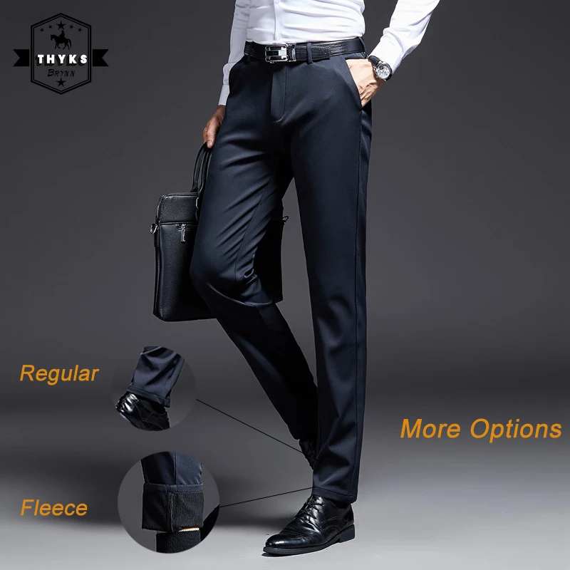 

Autumn Business Casual Pants Men's Slim Elastic Trousers Wrinkle-Free Straight Pant Streetwear Winter Fleece Legging Pantalones