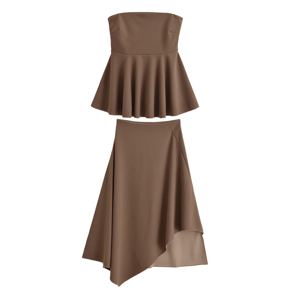 HH verão na moda terno marrom para mulheres sem mangas plissado costas com zíper tubo top + linha A assimétrica saia midi conjunto elegante