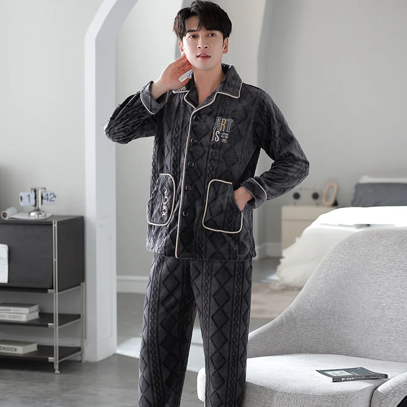 Flannel Pajama Sets Men Winter Men\'s Pajamas Thick Warm Lounge Set Fashion Letter Embroidery Male Pijama Casual Loungewear 3XL