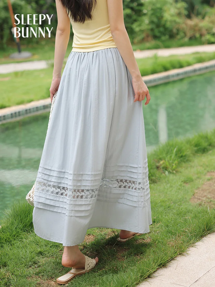 Blue Lace Patchwork Midi Skirt Women Summer High Waist A-Line Skirt Flowy Big Hem Skirt Hip Coverage Slim Look Casual Chic Style