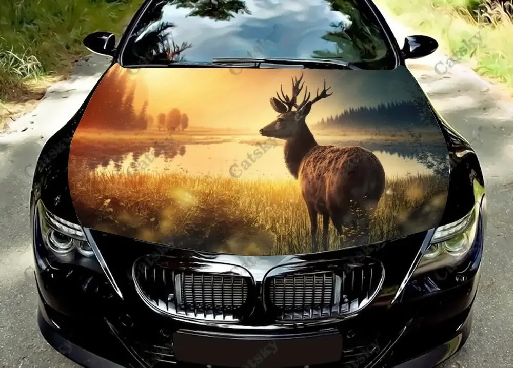 Deer with Landscape Car Hood Vinyl Stickers Wrap Vinyl Film Engine Cover Decals Sticker Car Hood Protective Film