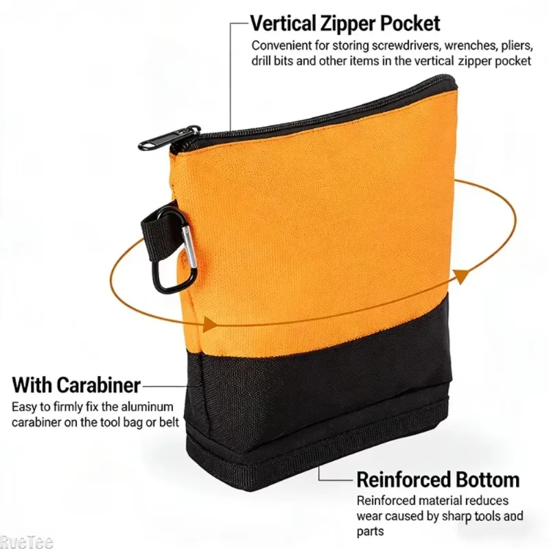 Multi-Size Durable Nylon Tool Storage Bag, Zipper Hardware Organizer Pouch with Carabiner, Portable Hand Tools Carry Case