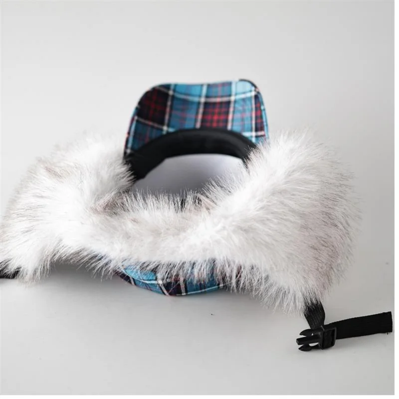 Gorro de Lei Feng a cuadros azul de estilo coreano para mujer, gorro de esquí y volador para otoño e invierno, gorra de béisbol versátil y cálida para ciclismo