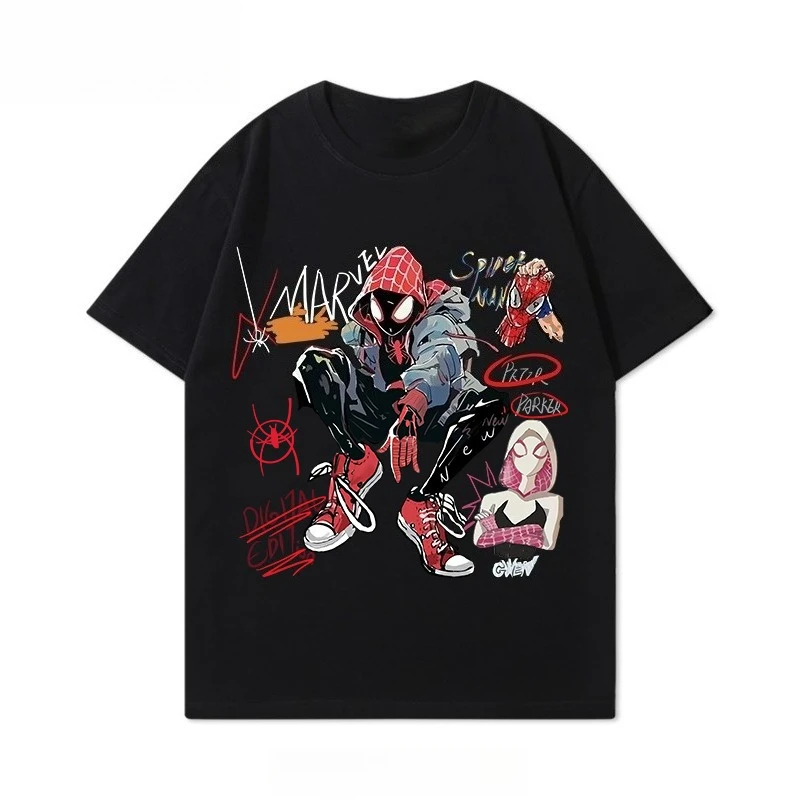 Spider-Man Across The Universe SpiderMan Short Sleeve T-Shirt American Retro Street Hand Painted Cotton Crew Neck Casual Trend