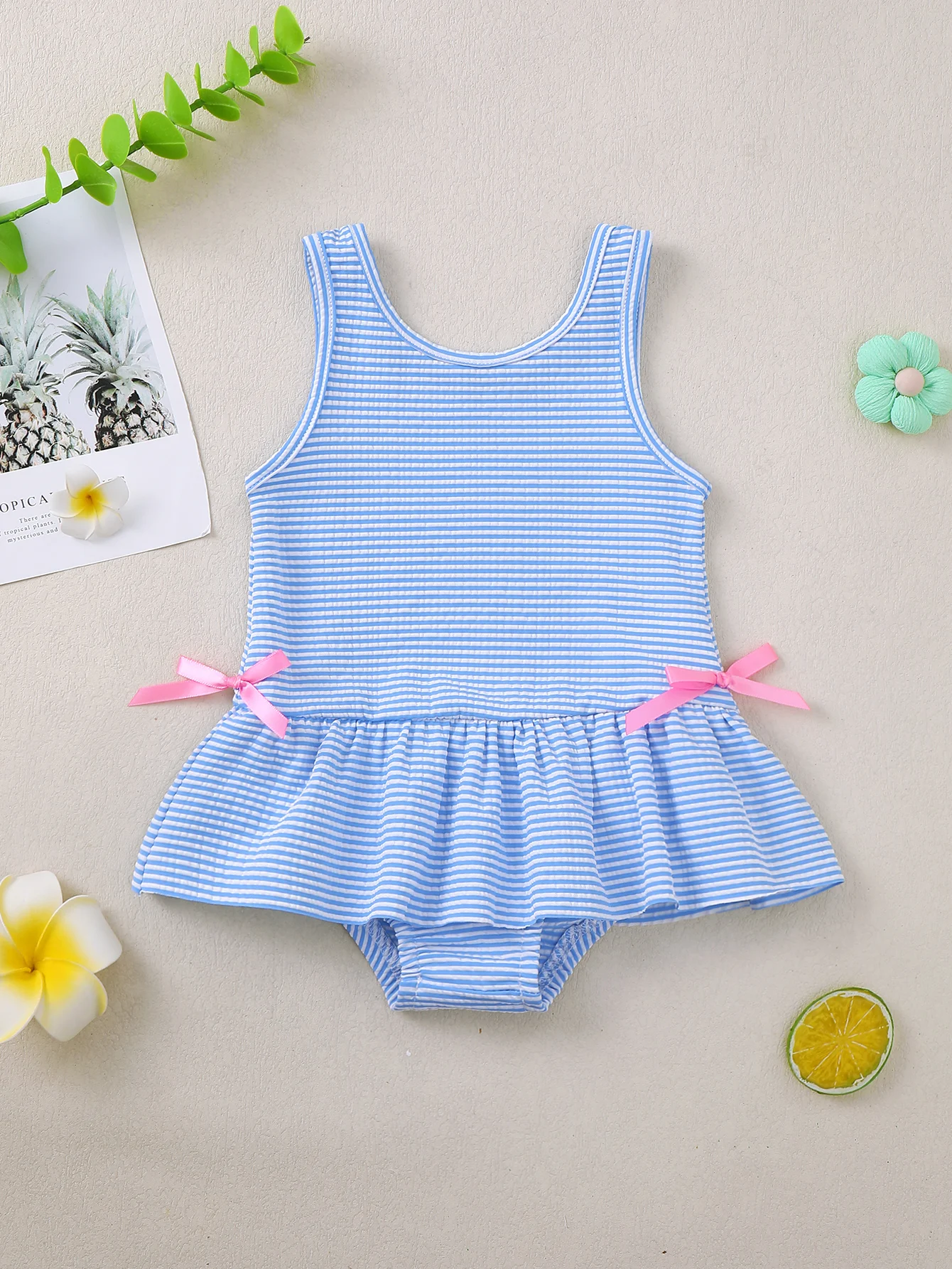 

Baby Girl's Solid Stripe One-Piece Swimsuit Sleeveless Bodysuit for Toddlers And Kids