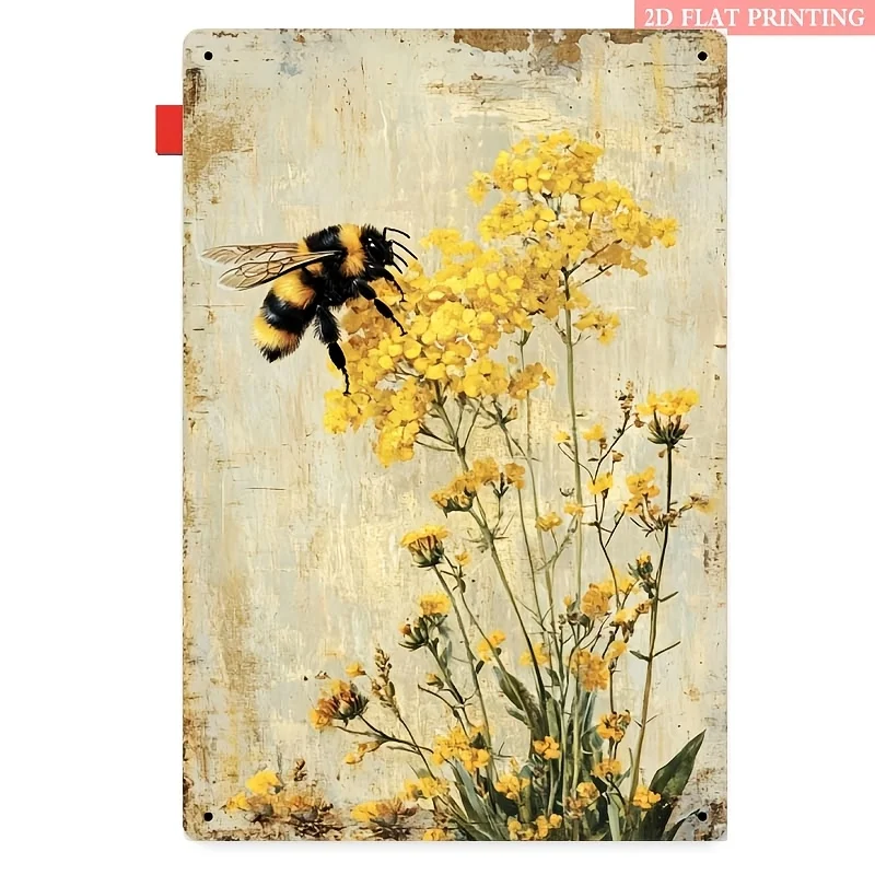 2D Flat - A Vintage-Style 2D Flat Metal Sign Featuring a Bumblebee And Yellow Flowers, Measuring 20X30 Cm. This Rustic Wall D