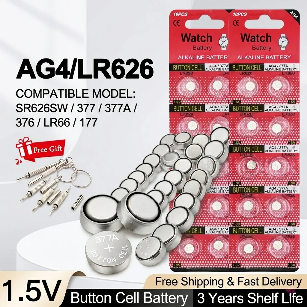 

377 SR626SW AG4 Battery 1.5V, 10-100PCS Alkaline Button Cell for Watch, LR626 377A LR66 177 376 Coin Batteries Pilas Botón
