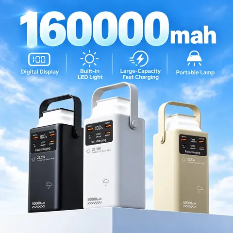 120W 200000mAh Power Bank Built-in Cable Fast Charger Portable External Battery Flashlight for iPhone Samsung Outdoor Camping