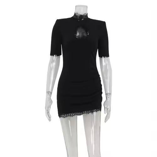 Lace Patchwork Hollow Out Bodycon Sheath High Collar Women Dresses Half Sleeves Outfits Sexy Club Fashion Female Mini Vestidos - Image 4