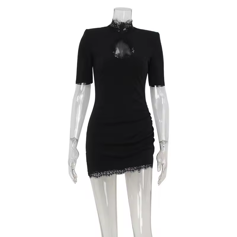 Lace Patchwork Hollow Out Bodycon Sheath High Collar Women Dresses Half Sleeves Outfits Sexy Club Fashion Female Mini Vestidos - Image 4