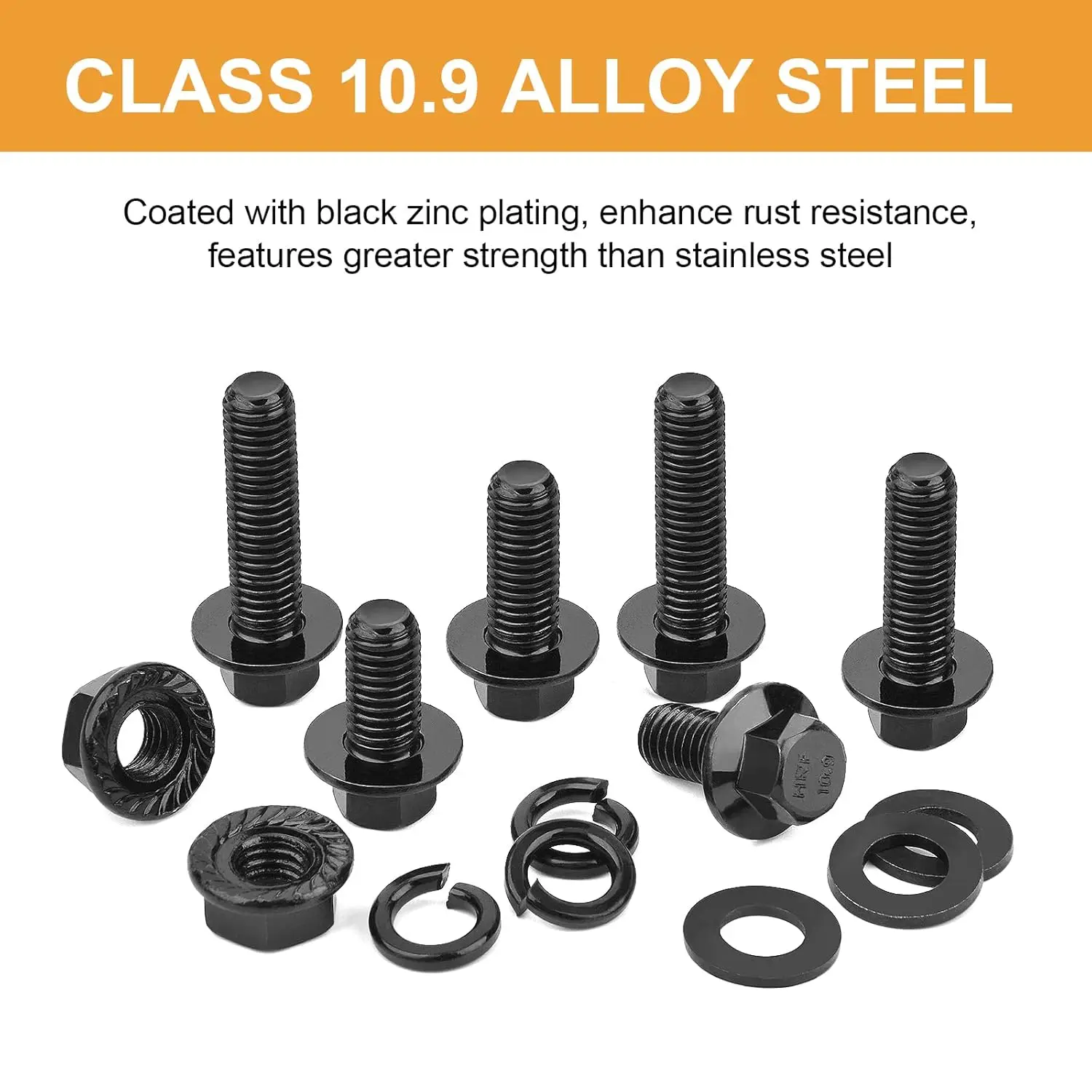 125-Piece M8 Hex Flange Bolt, Nut, and Washer Set; Metric Bolts and Nuts; Black Assorted Bolts and Nuts; Grade 10.9