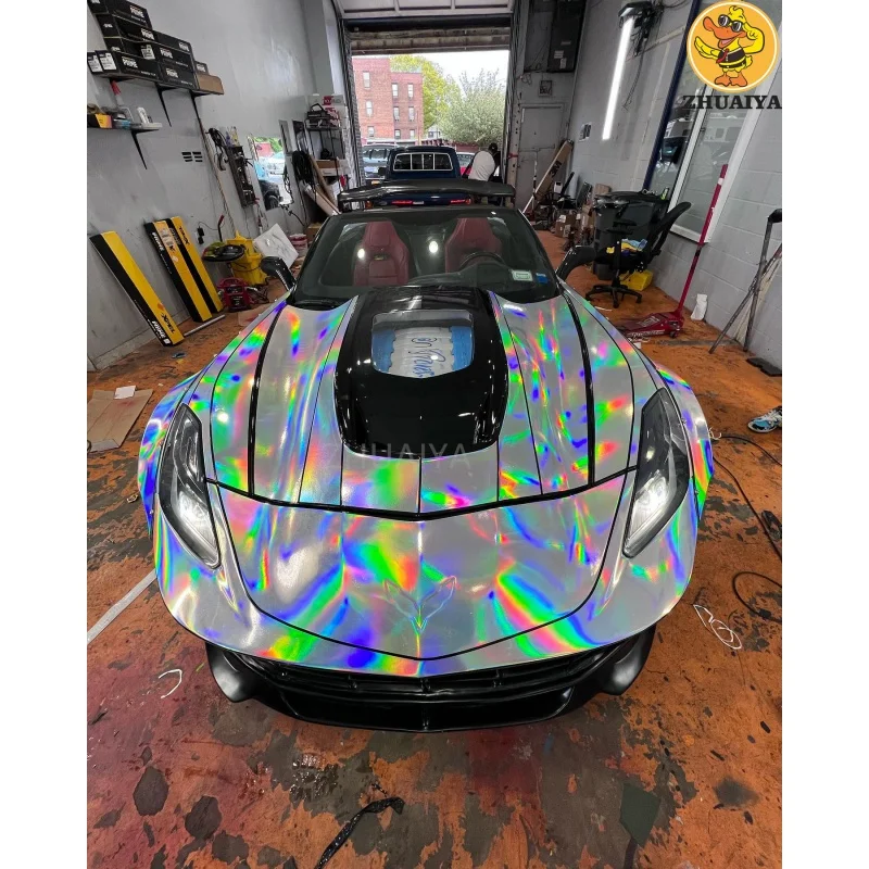 1.52X17M Stretchable Silver Holographic Chrome Vinyl Wrap Self-Adhesive Film Decal Air-Release Bubble Free DIY Car Wrapping Roll